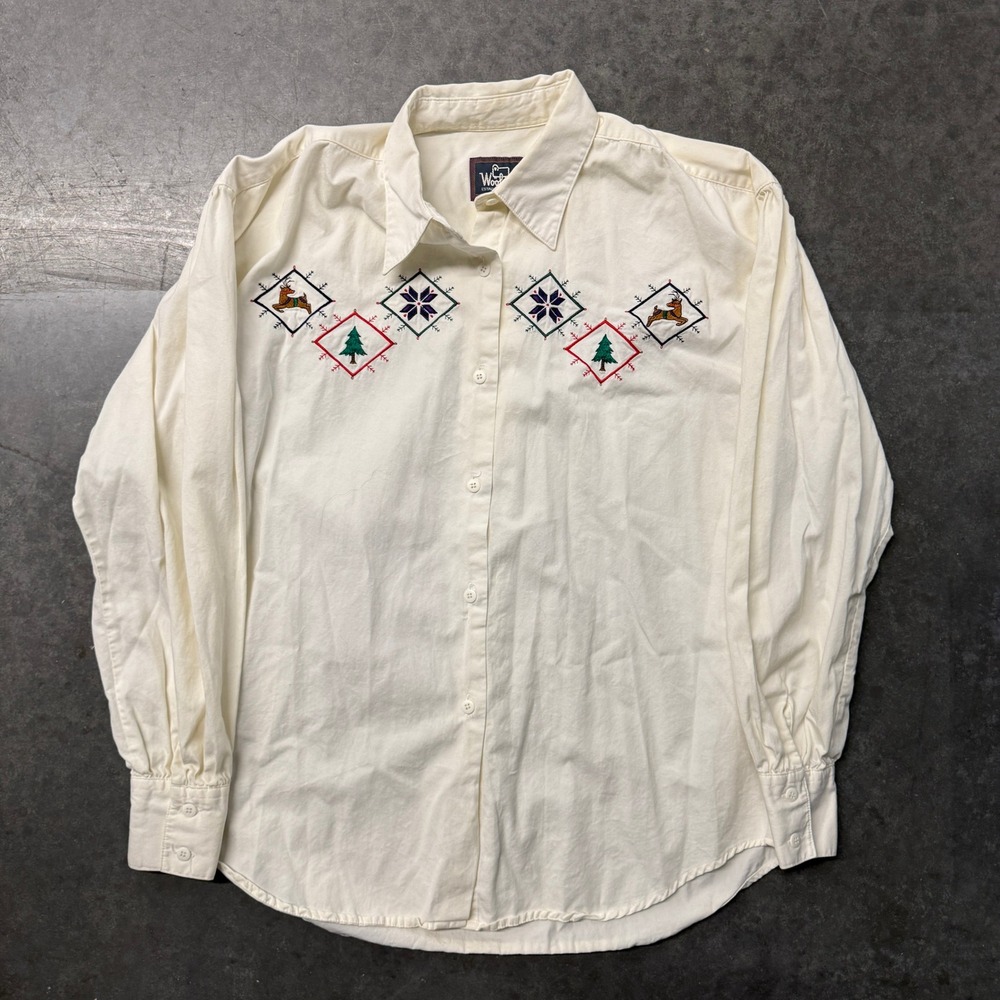 Woolrich Vintage Cream Cotton Embroidered Holiday Reindeer Christmas Shirt Large